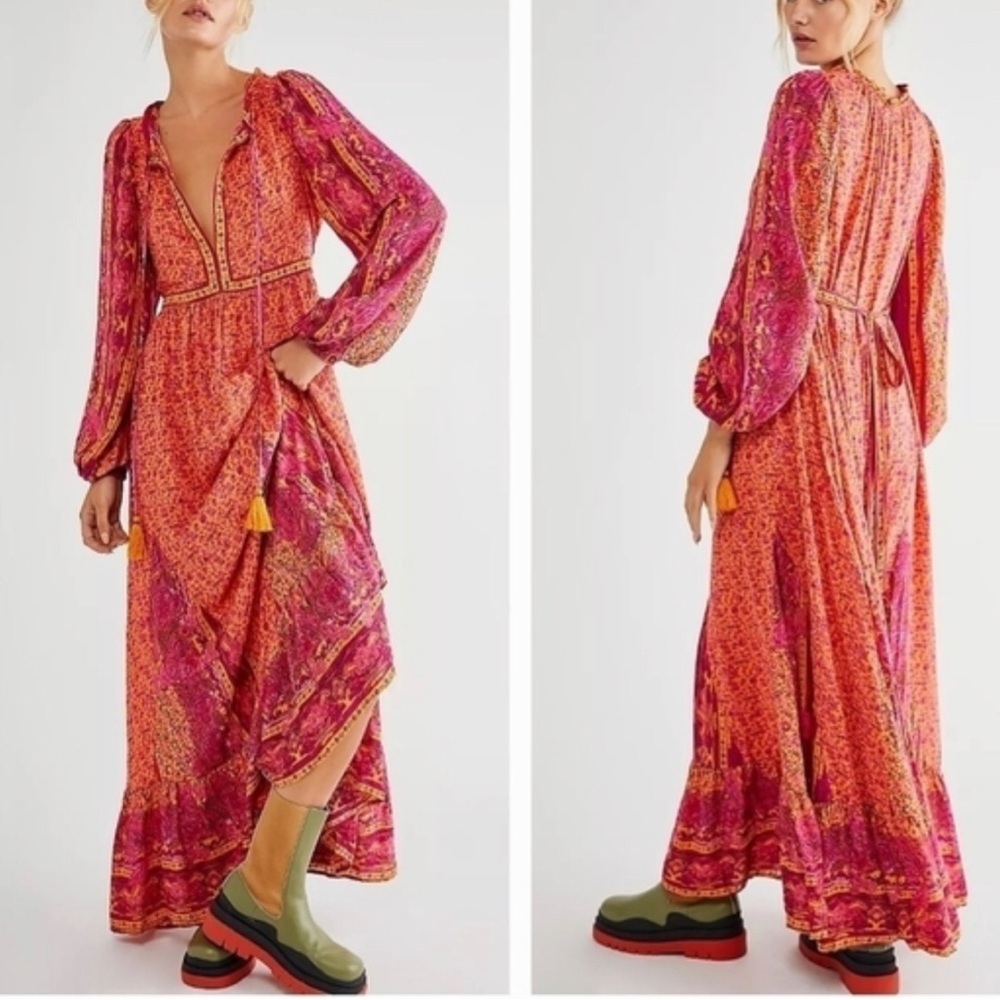 FREE PEOPLE  Happy Feeling Maxi Vibrant Pink & Orange Long Sleeve Dress Size S